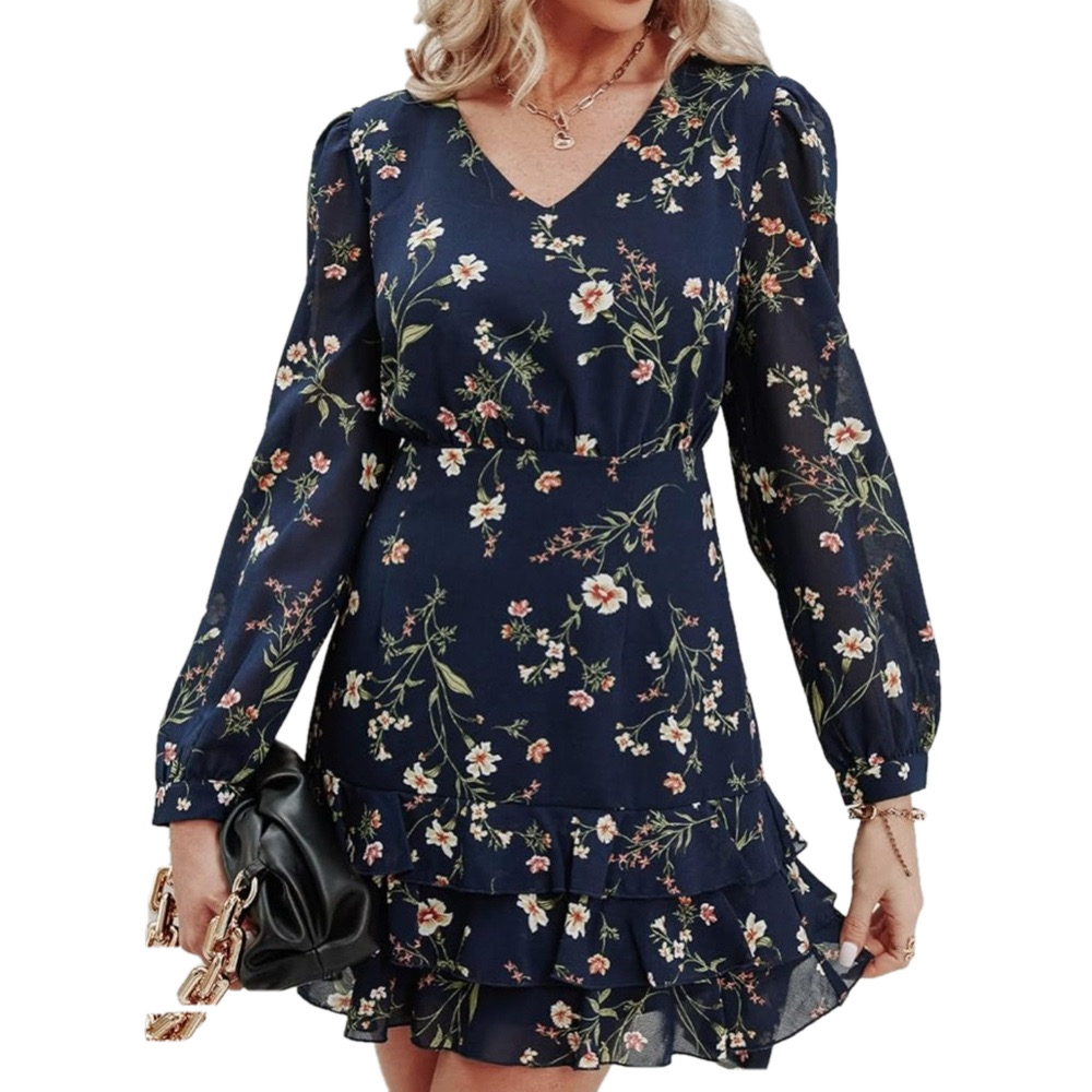 Cupshe Dark Blue Floral Long Sleeves Chiffon Tiered Ruffle Mini Dress SKU 0020